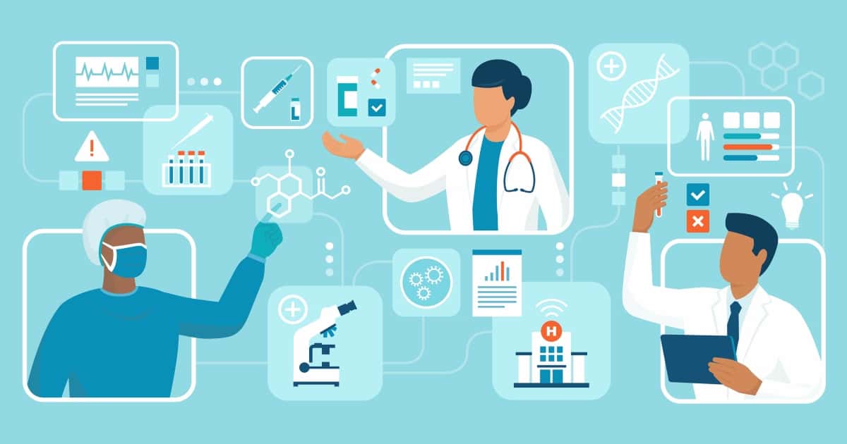Doctors and scientists working together: treatment, medical research and innovation